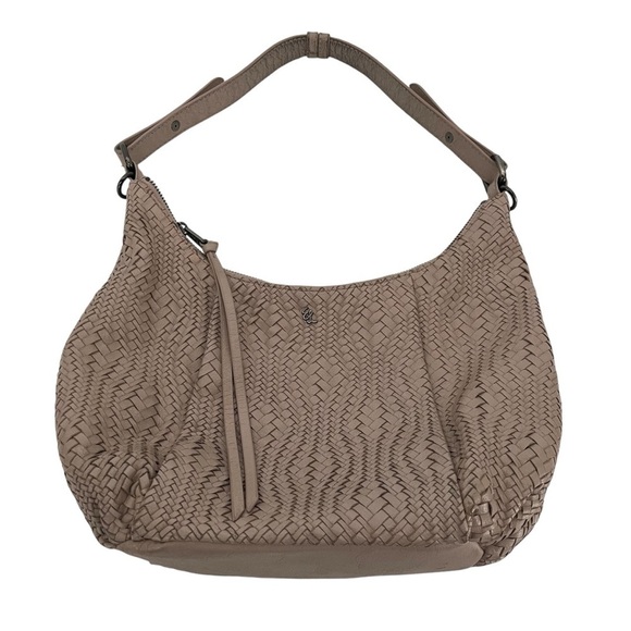 Elliott Lucca Taupe Nude Woven Leather Hobo Medium Bag Purse Logo Zip Classic - Picture 1 of 15